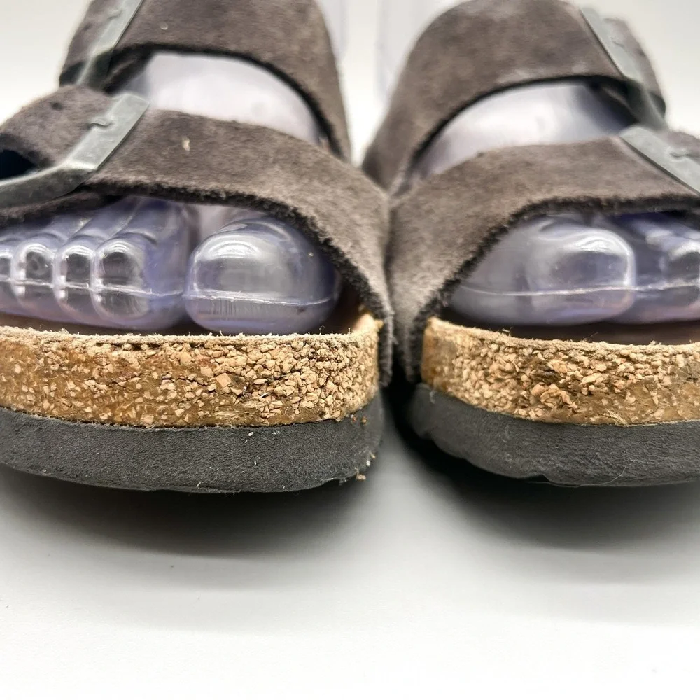 Birkenstock Womens 38 7 Arizona Sandals Mocha Brown Suede Two Strap Slide Boho